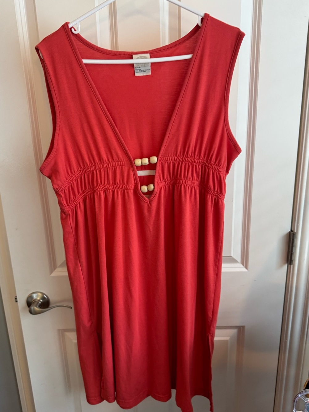 Sleeveless Red V-Neck Women's Swim Coverup with Bead Detail